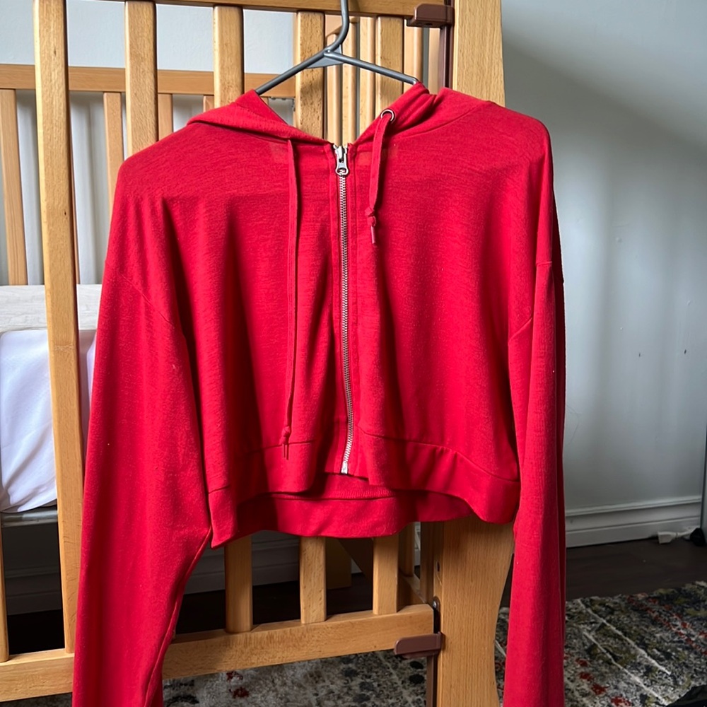 Red zip up crop top hoodie